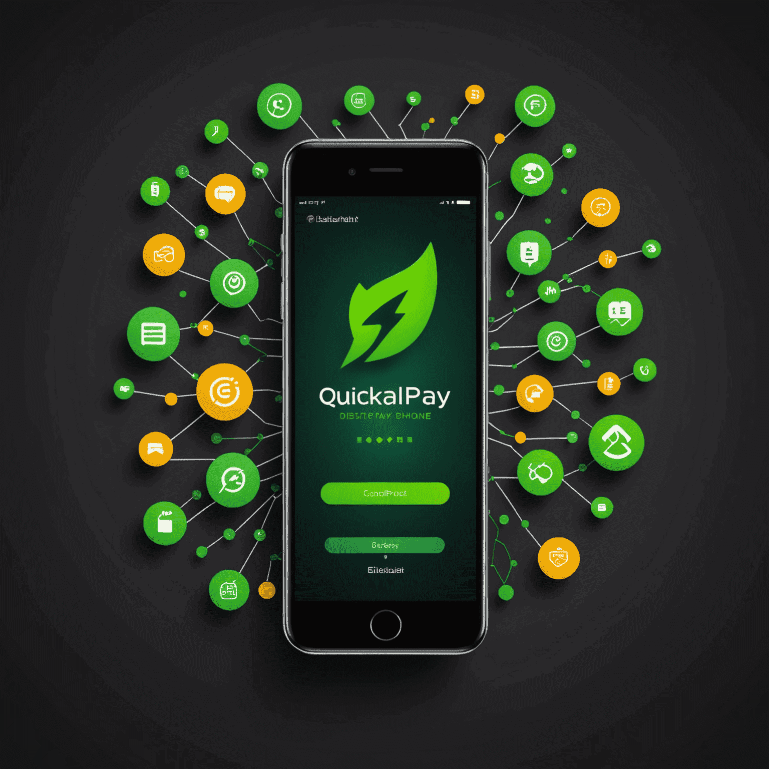 A sleek illustration showing a smartphone with Etisalat Quick Pay interface, surrounded by digital payment icons and a lightning bolt representing fast transactions. The image uses a dark background with vibrant green accents.