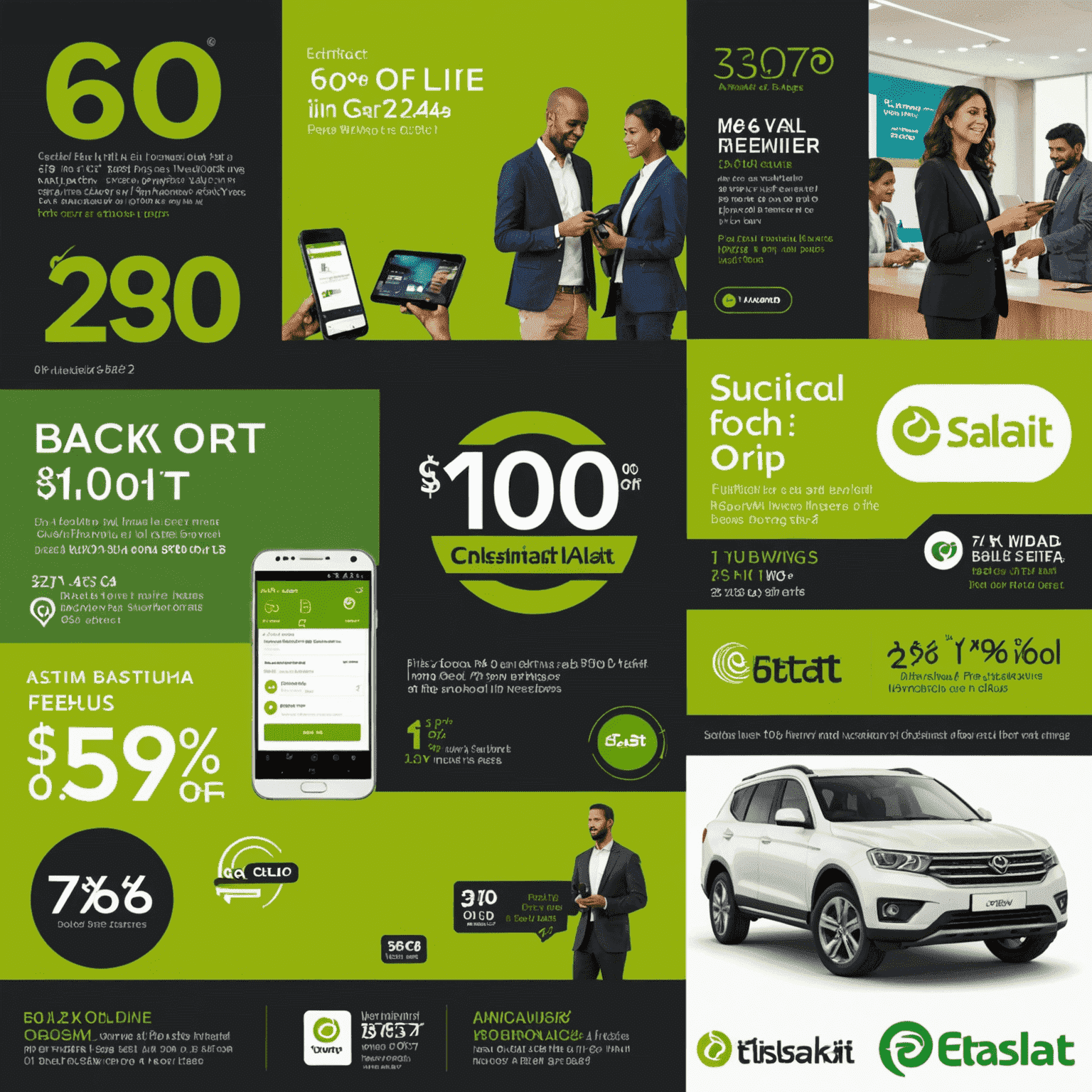 Collage of Etisalat promotional offers including mobile data packages, international calling plans, and special discounts