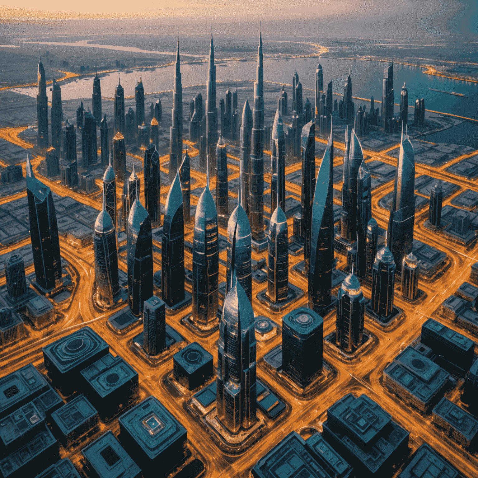 Aerial view of UAE cityscape with 5G towers and network visualization overlay, showcasing Etisalat's expanding coverage