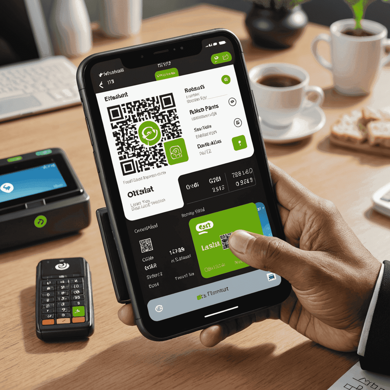 Illustration of Etisalat's Quick Pay platform interface showing new digital payment features, including contactless payments, QR code scanning, and biometric authentication
