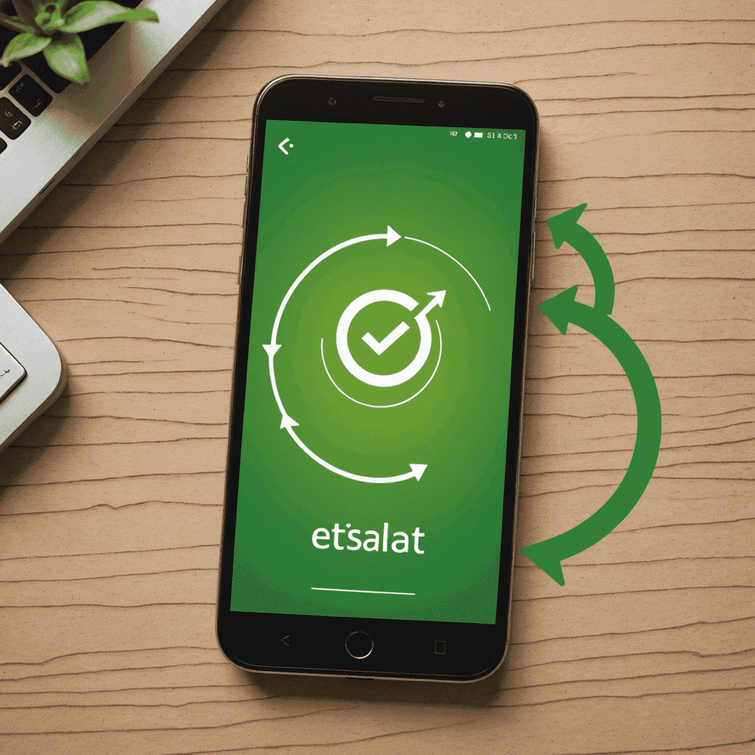Illustration of a smartphone with Etisalat logo and green arrows indicating quick balance top-up process