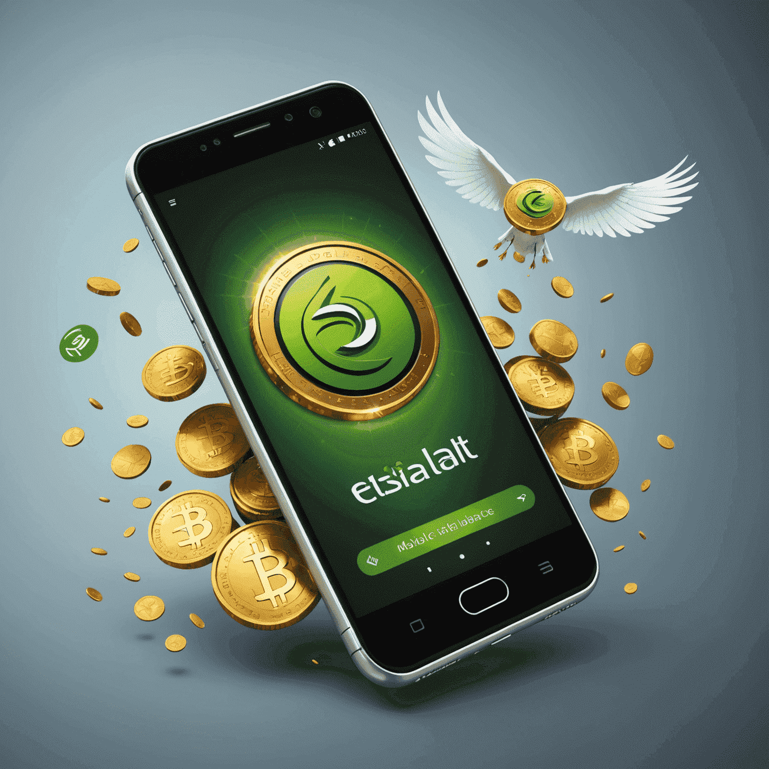 Illustration of a smartphone with Etisalat logo and flying digital coins, representing quick and easy mobile balance recharge