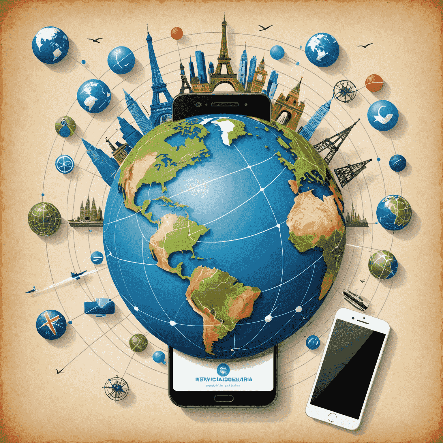 An illustration of a digital calling card with global connection lines, showing various international landmarks and a phone icon