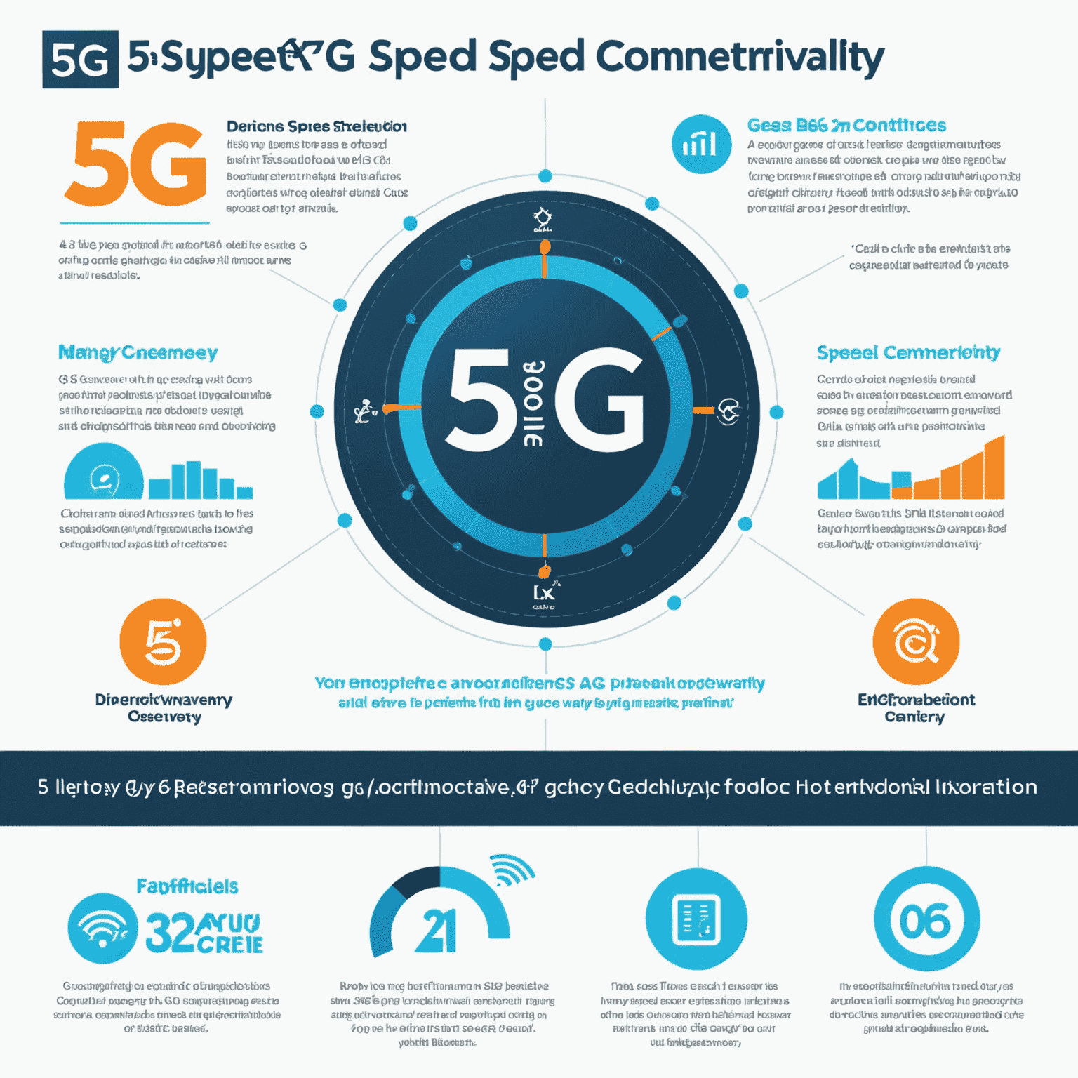 Infographic showing 5G benefits: speed comparison with 4G, latency reduction, and increased device connectivity