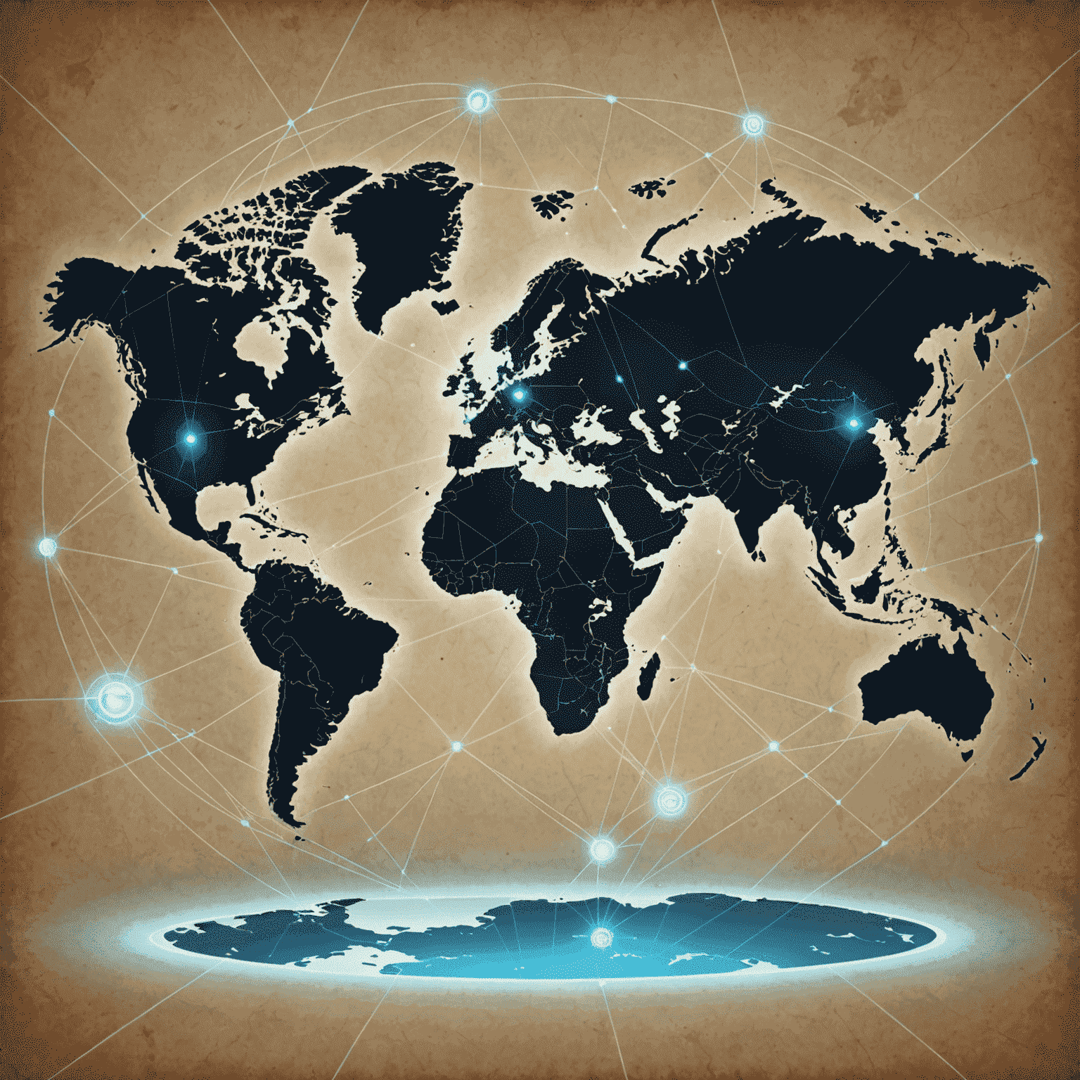 A world map with glowing connection lines between different countries, emphasizing global reach of the calling card service