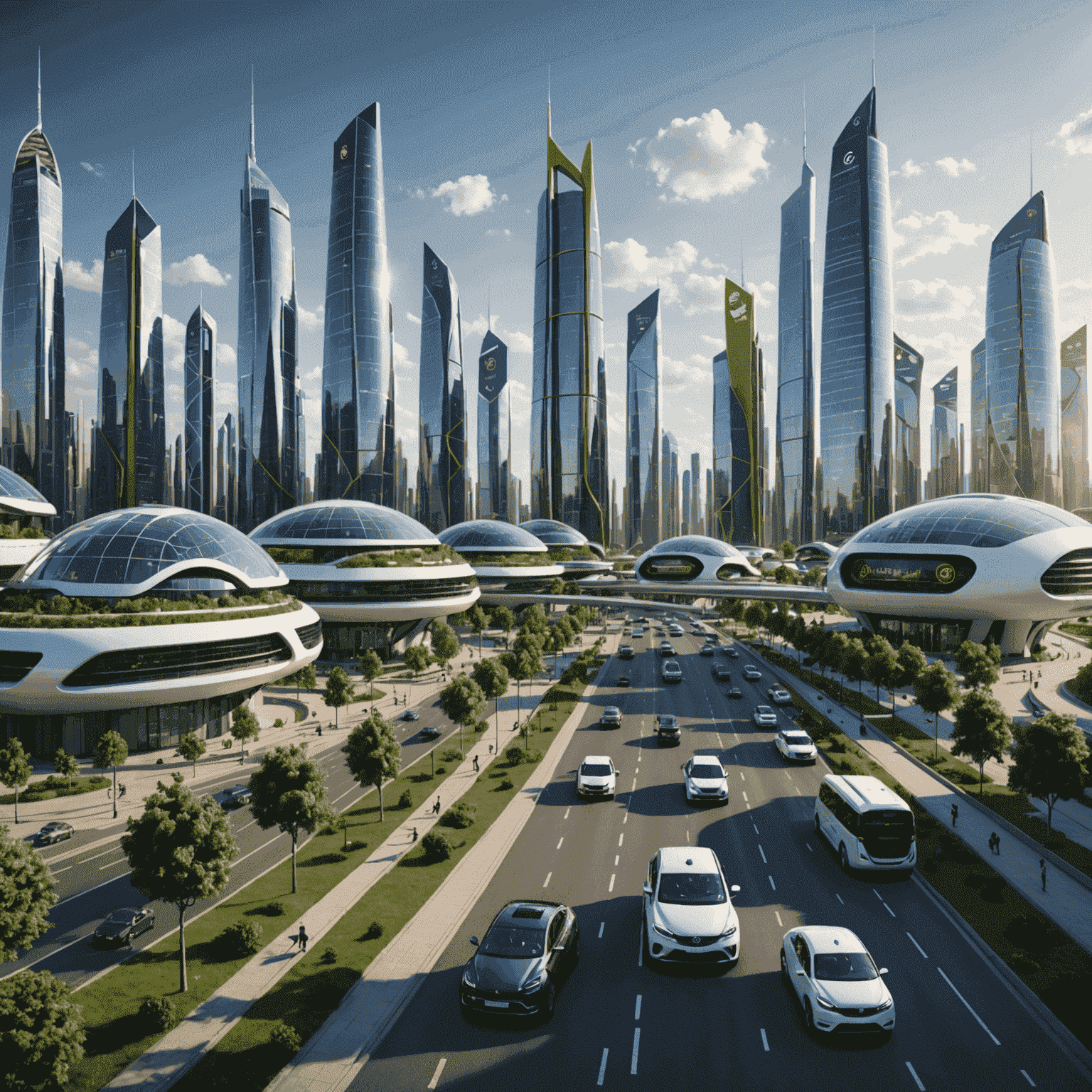 Futuristic render of a smart city powered by Etisalat's 5G network, featuring autonomous vehicles and IoT-enabled infrastructure