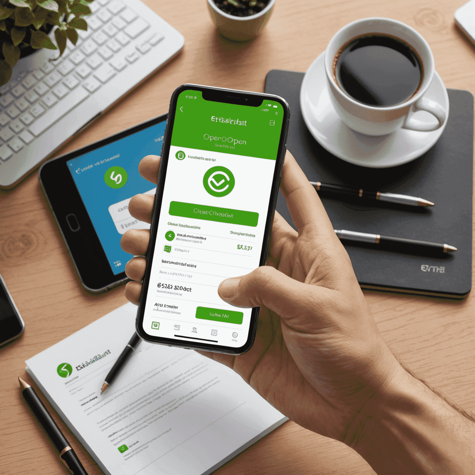 Digital illustration of a hand holding a smartphone with Etisalat app open, showing a bill being paid with a green checkmark