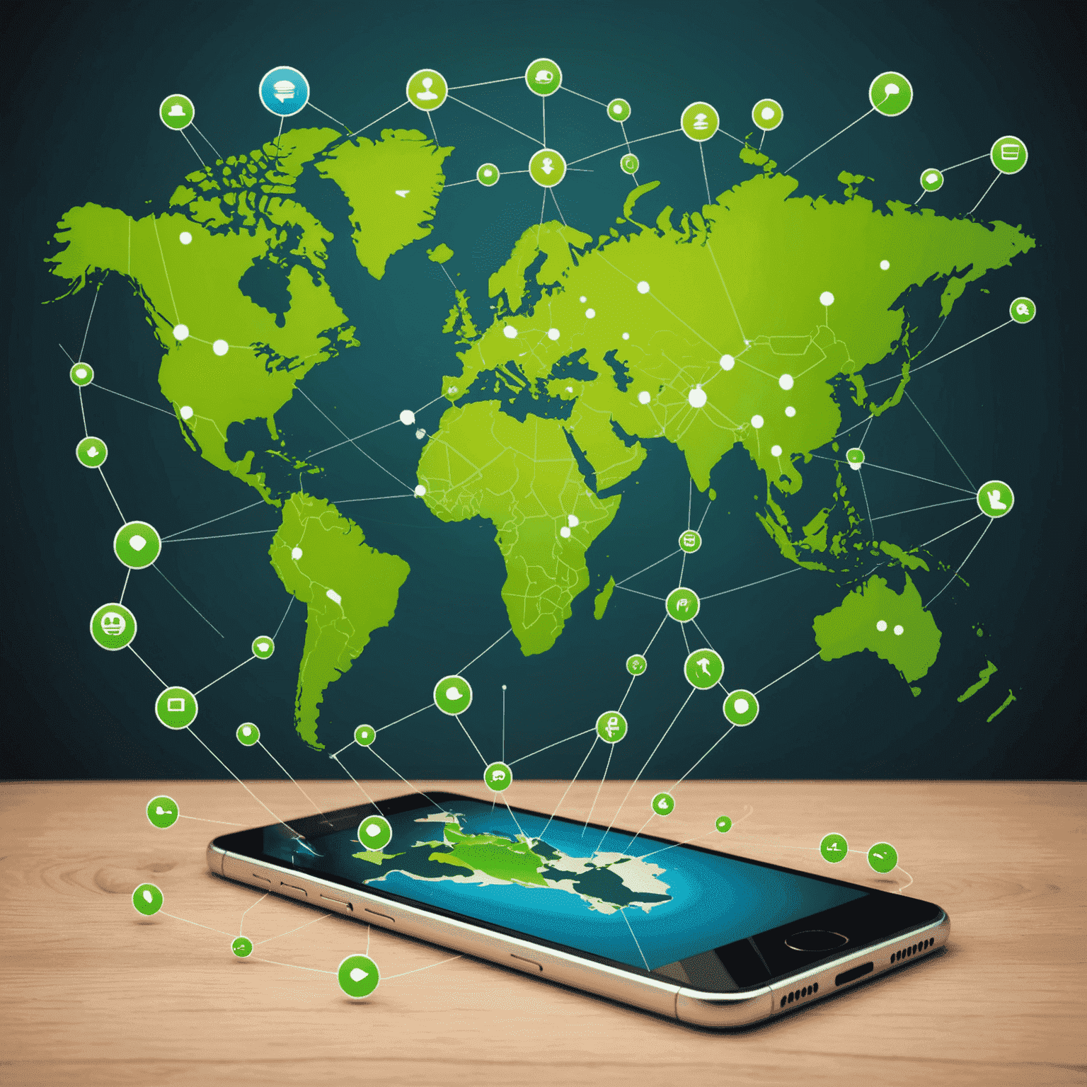 Illustration of a world map with phone icons and green connection lines, representing international calling services