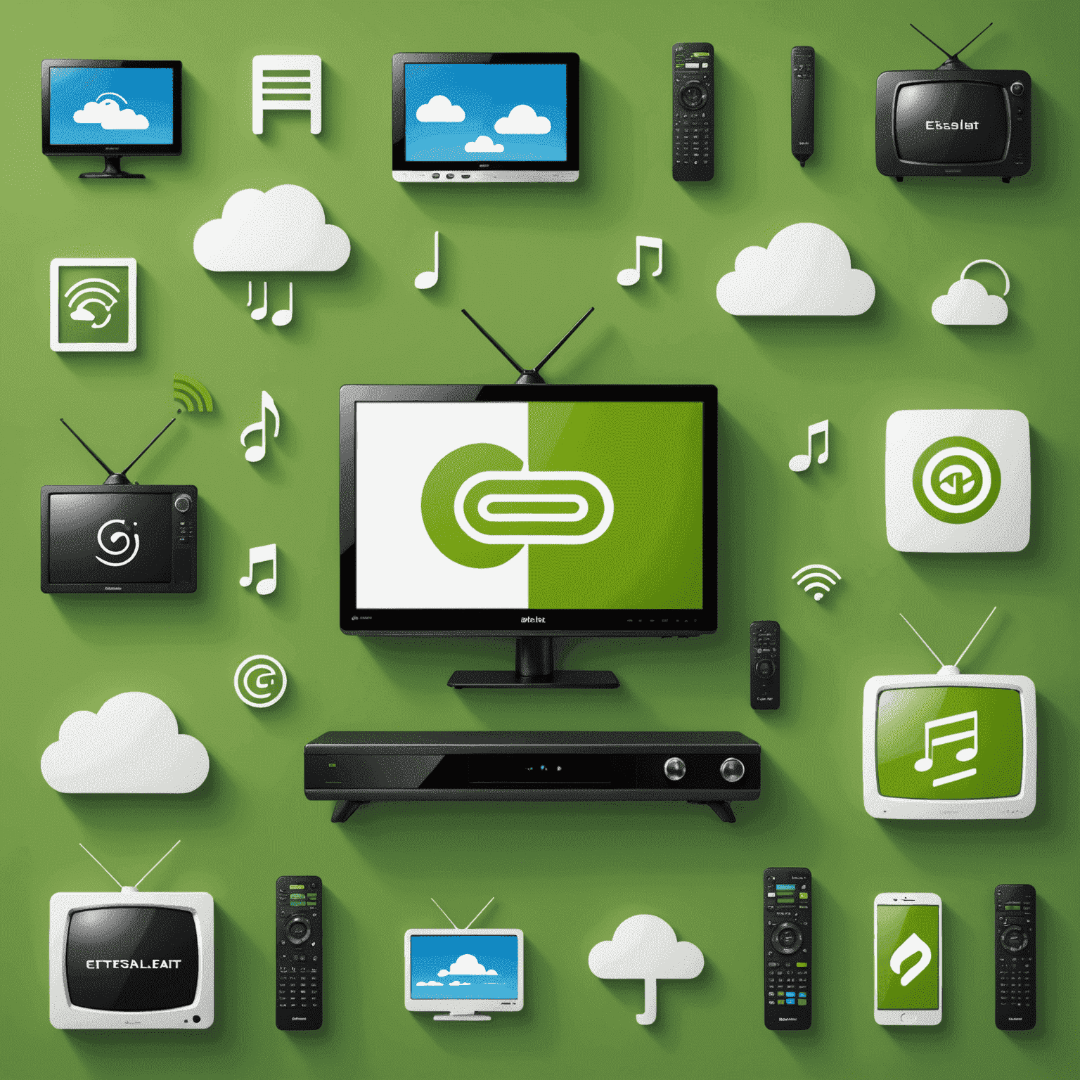 Collage of icons representing various value-added services: a TV for entertainment, a cloud for storage, and a music note for streaming services, all in Etisalat's green color